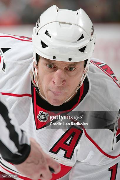 Rod Brind'Amour of the Carolina Hurricanes looks on prior to a face-off against the Philadelphia Flyers on January 23, 2010 at the Wachovia Center in...