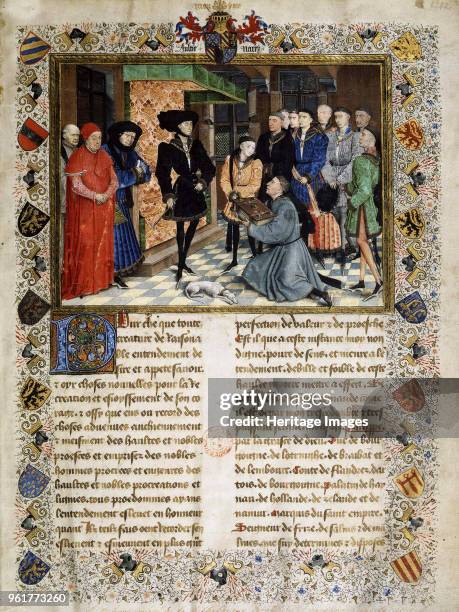 Jean Wauquelin presenting his Chroniques de Hainaut to Philip the Good, 1447. Found in the Collection of Bibliothèque royale de Belgique.