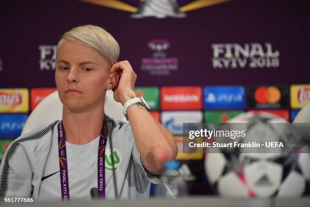 Nilla Fischer of Wolfsburg looks on during the Wolfsburg press conference prior to the UEFA Womens Champions League Final between VfL Wolfsburg and...