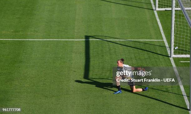 Almuth Schult of Wolfsburg controls the ball during a training session of Vfl Wolfsburg prior to the UEFA Womens Champions League Final between VfL...