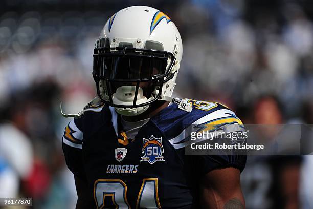 Cornerback Antonio Cromartie of the San Diego Chargers stands on the field during the AFC Divisional Playoff Game against the New York Jets at...