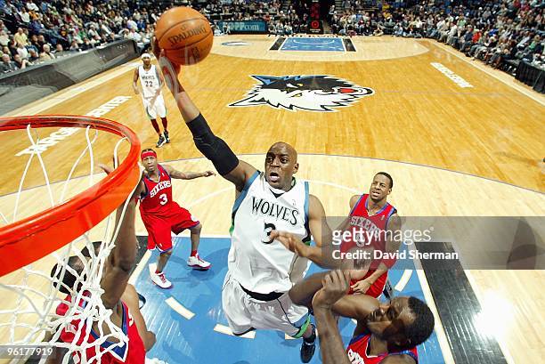 Damien Wilkins of the Minnesota Timberwolves goes to the basket against the Philadelphia 76ers during the game on January 18, 2010 at the Target...
