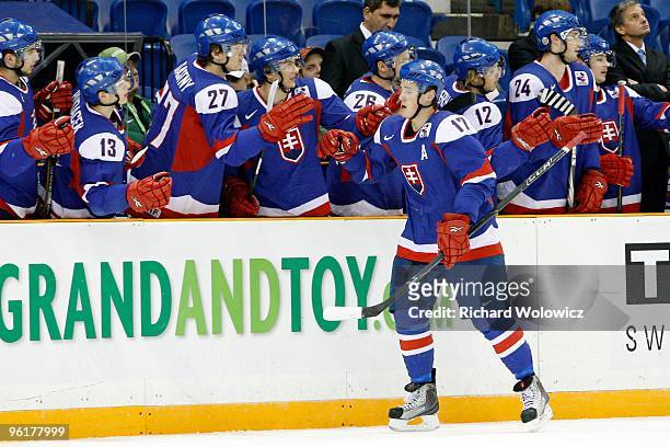 Radoslav Illo of Team Slovakia celebrates a goal with team mates during the 2010 IIHF World Junior Championship Tournament Relegation game against...