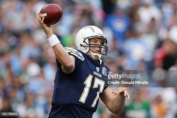Quarterback Philip Rivers of the San Diego Chargers looks to pass against the New York Jets during the AFC Divisional Playoff Game at Qualcomm...