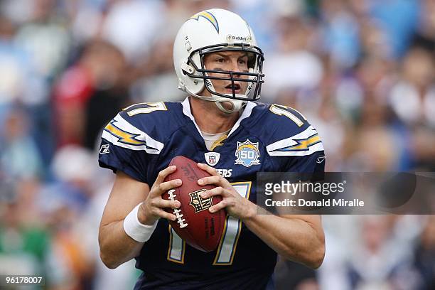 Quarterback Philip Rivers of the San Diego Chargers drops back to pass against the New York Jets during the AFC Divisional Playoff Game at Qualcomm...