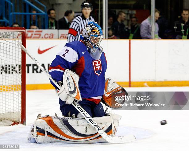 Tomas Halasz of Team Slovakia stops the puck during the 2010 IIHF World Junior Championship Tournament Relegation game against Team Czech Republic on...