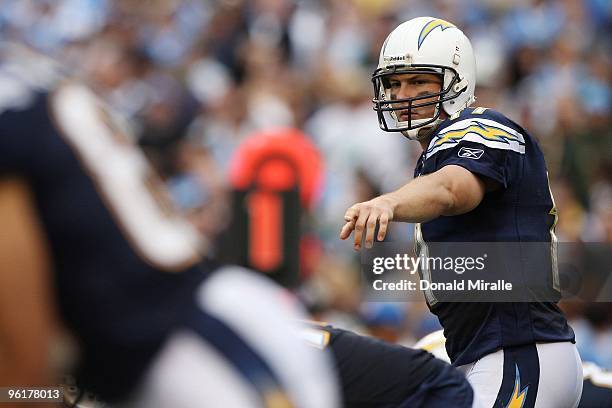 Quarterback Philip Rivers of the San Diego Chargers calls the play to his teammates during the AFC Divisional Playoff Game against the New York Jets...