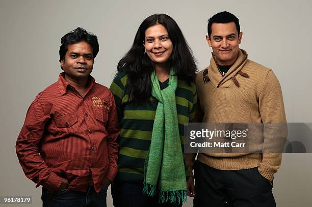 Actor Onkar Das, director Anusha Rizvi and producer Aamir Khan pose for a portrait during the 2010 Sundance Film Festival held at the Getty Images...