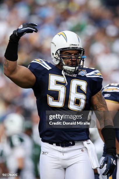 Linebacker Shawne Merriman of the San Diego Chargers signals on the field during the AFC Divisional Playoff Game against the New York Jets at...