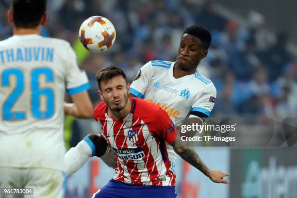 Bouna Sarr of Marseille and Saul Niguez of Atletico Madrid battle for the ball during the UEFA Europa League Final between Olympique de Marseille and...