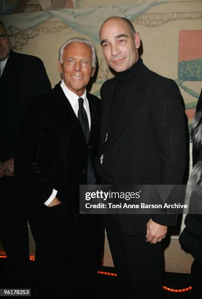 Giorgio Armani and Jean-Marc Barr attend the Giorgio Armani Prive Haute-Couture show as part of the Paris Fashion Week Spring/Summer 2010 at Palais...