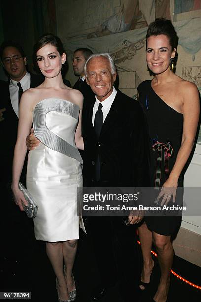 Anne Hathaway, Giorgio Armani and Roberta Armani attend the Giorgio Armani Prive Haute-Couture show as part of the Paris Fashion Week Spring/Summer...