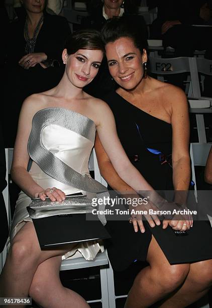 Anne Hathaway and Roberta Armani attends the Giorgio Armani Prive Haute-Couture show as part of the Paris Fashion Week Spring/Summer 2010 at Palais...
