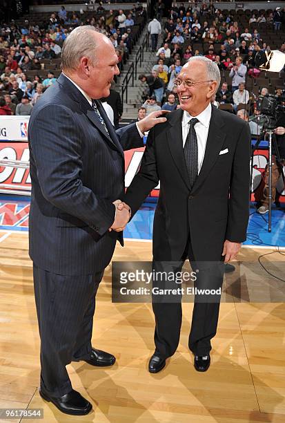 Head coach George Karl of the Denver Nuggets shakes hands with head coach Larry Brown of the Charlotte Bobcats on January 25, 2010 at the Pepsi...