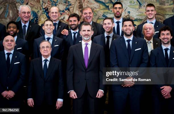 King Felipe VI of Spain receives the basketball team of Real Madrid, champion of the Euroleague 2017/2018 at Zarzuela Palace on May 23, 2018 in...