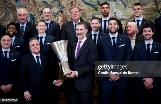 King Felipe VI of Spain receives the basketball team of Real Madrid, champion of the Euroleague 2017/2018 at Zarzuela Palace on May 23, 2018 in...