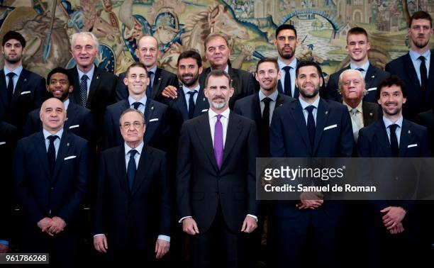 King Felipe VI of Spain receives the basketball team of Real Madrid, champion of the Euroleague 2017/2018 at Zarzuela Palace on May 23, 2018 in...