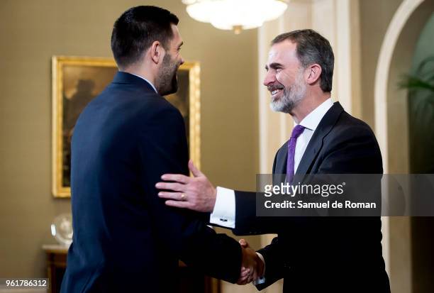 King Felipe VI of Spain receives the basketball team of Real Madrid, champion of the Euroleague 2017/2018 at Zarzuela Palace on May 23, 2018 in...
