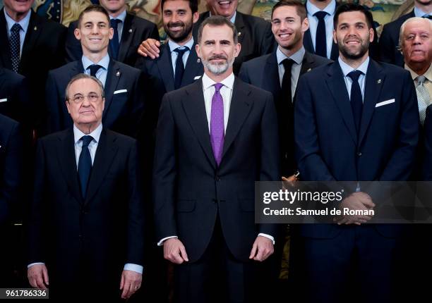 King Felipe VI of Spain receives the basketball team of Real Madrid, champion of the Euroleague 2017/2018 at Zarzuela Palace on May 23, 2018 in...