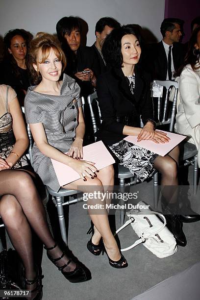 Kylie Minogue and Maggie Cheung attend the Christian Dior Haute-Couture show as part of the Paris Fashion Week Spring/Summer 2010 at Boutique Dior on...