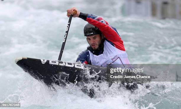 Ryan Westley in action during the British Canoe Slalom Media day ahead of the European Championships at Lee Valley White Water Centre on May 23, 2018...