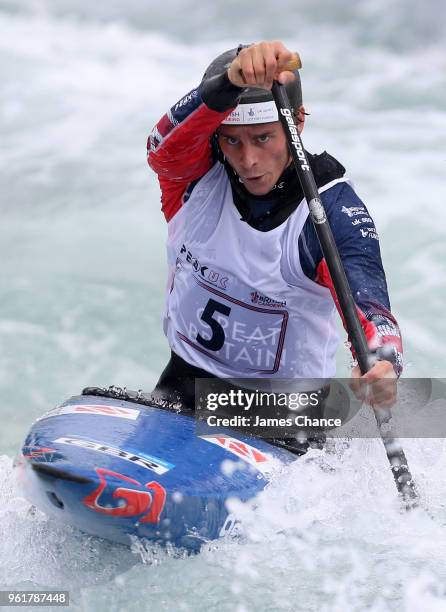 Adam Burgess in action during the British Canoe Slalom Media day ahead of the European Championships at Lee Valley White Water Centre on May 23, 2018...