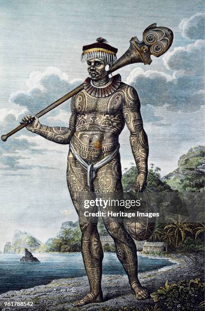 Man from Nuku Hiva Island with tattoos on his body. From Atlas of Krusenstern's Circumnavigation, 1813. Found in the Collection of Musée du Quai...