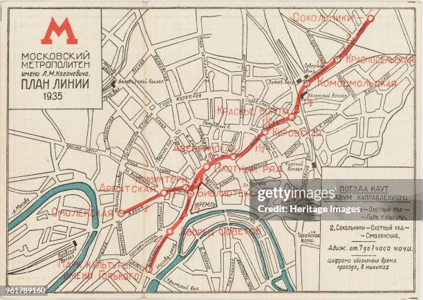 The first map of the Moscow subway, opened on May 15 1935. Private Collection.