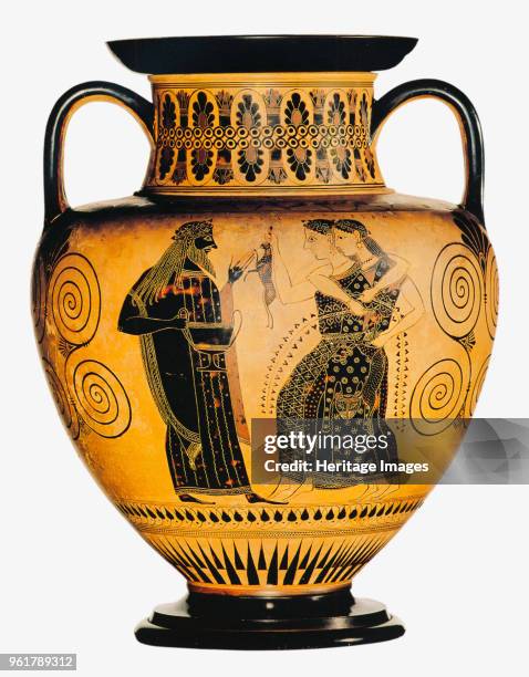 Dionysus and two Maenads. Attic black-figured amphora, ca 550-530 BC. Found in the Collection of Bibliothèque Nationale de France.