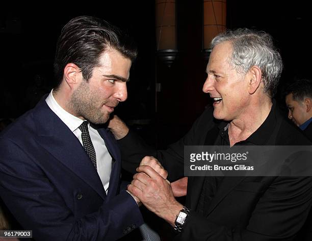 Zachary Quinto and Victor Garber attend the opening night party for "Present Laughter" on Broadway at B.B. King's on January 21, 2010 in New York...