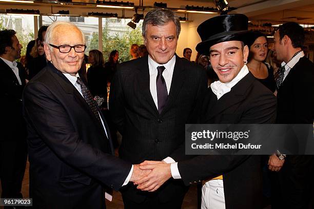 Pierre Cardin, Sidney Toledano and John Galliano attend the Christian Dior Haute-Couture show as part of the Paris Fashion Week Spring/Summer 2010 at...