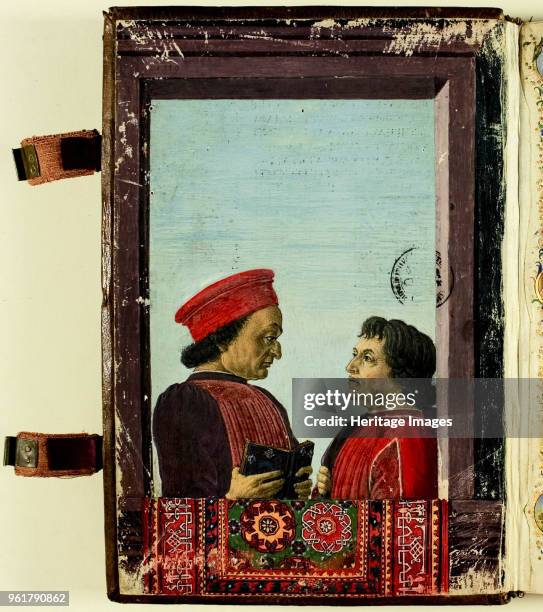 Portrait of Federico da Montefeltro and Cristoforo Landino. From Disputationes Camaldulenses by Cristoforo Landino, circa 1475. Found in the...