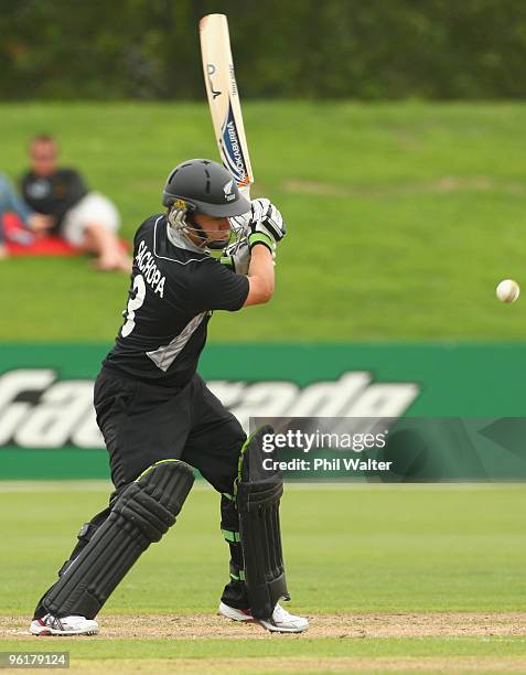 Craig Cachopa of New Zealand bats during the ICC U19 Cricket World Cup Super League play off final match between England and New Zealand at QEII Park...