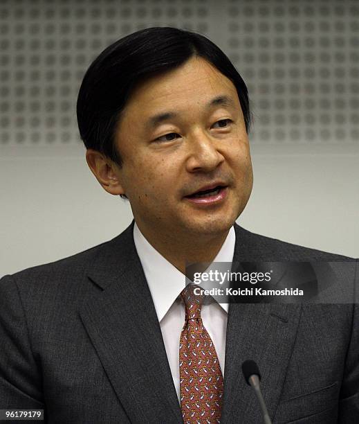 Crown Prince Naruhito delivers a speech during the follow-up conference of the International Year of Sanitation at the United Nations University on...