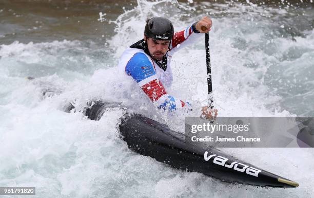 Thomas Abbot in action during the British Canoe Slalom Media day ahead of the European Championships at Lee Valley White Water Centre on May 23, 2018...