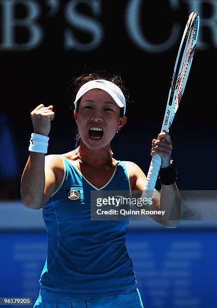 Jie Zheng of China celebrates winning a point in her quarterfinal match against Maria Kirilenko of Russia during day nine of the 2010 Australian Open...