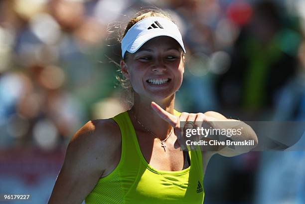 Maria Kirilenko of Russia reacts after a point in her quarterfinal match against Jie Zheng of China during day nine of the 2010 Australian Open at...