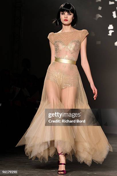 Model walks the runway at the Georges Hobeika Haute-Couture show as part of the Paris Fashion Week Spring/Summer 2010 at Palais de Tokyo on January...