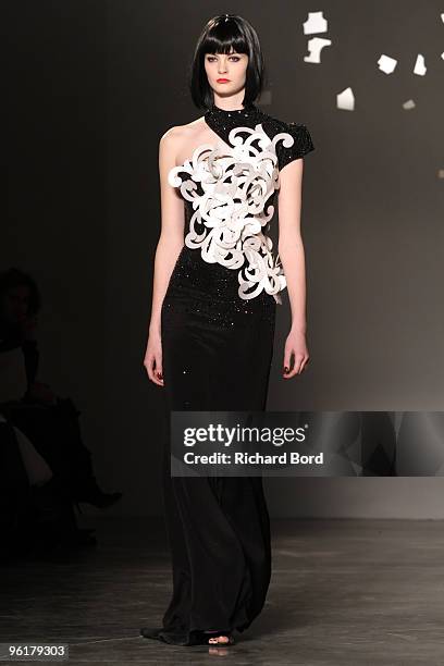 Model walks the runway at the Georges Hobeika Haute-Couture show as part of the Paris Fashion Week Spring/Summer 2010 at Palais de Tokyo on January...