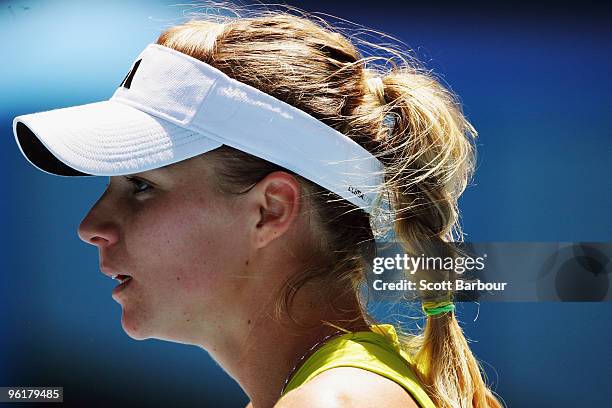 Maria Kirilenko of Russia looks on in her quarterfinal match against Jie Zheng of China during day nine of the 2010 Australian Open at Melbourne Park...