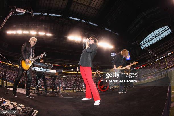 Singer Kelly Hansen of Foreigner perform at halftime of the 2010 AFC Championship Game between the New York Jets and the Indianapolis Colts at Lucas...