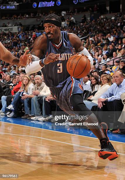 Gerald Wallace of the Charlotte Bobcats goes to the basket against the Denver Nuggets on January 25, 2010 at the Pepsi Center in Denver, Colorado....