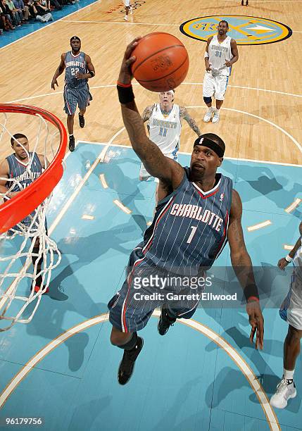 Stephen Jackson of the Charlotte Bobcats goes to the basket against the Denver Nuggets on January 25, 2010 at the Pepsi Center in Denver, Colorado....