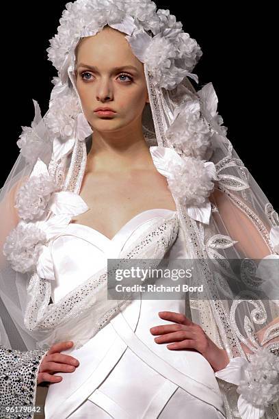 Model walks the runway at the Georges Hobeika Haute-Couture show as part of the Paris Fashion Week Spring/Summer 2010 at Palais de Tokyo on January...