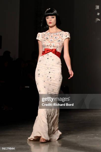 Model walks the runway at the Georges Hobeika Haute-Couture show as part of the Paris Fashion Week Spring/Summer 2010 at Palais de Tokyo on January...