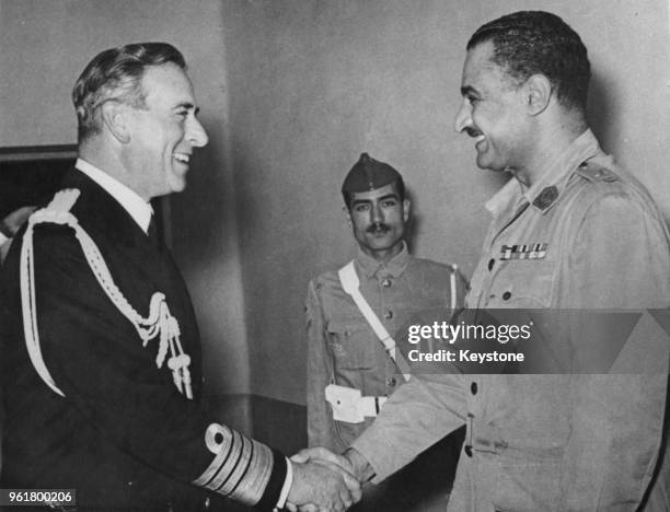 British naval officer Louis Mountbatten visits Egyptian Prime Minister Gamal Abdel Nasser in Cairo, Egypt, 1954.