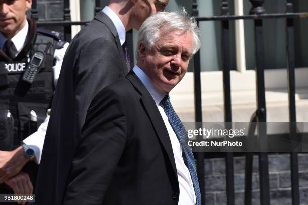 Brexit Secretary David Davis leaves 10 Downing Street ahead of Prime Minister's Questions on May 23, 2018 in London, England.