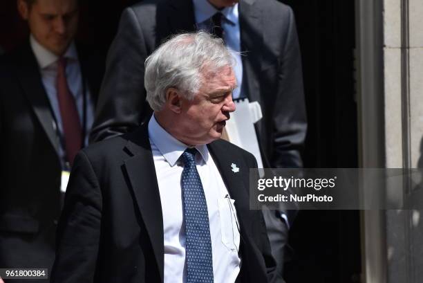 Brexit Secretary David Davis leaves 10 Downing Street ahead of Prime Minister's Questions on May 23, 2018 in London, England.