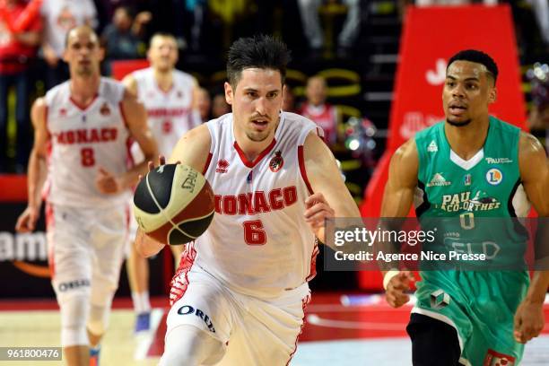 Paul Lacombe of Monaco and Elie Okobo of Pau Orthez during the Jeep Elite quarter final playoff match between Monaco and Pau Orthez Lacq on May 23,...