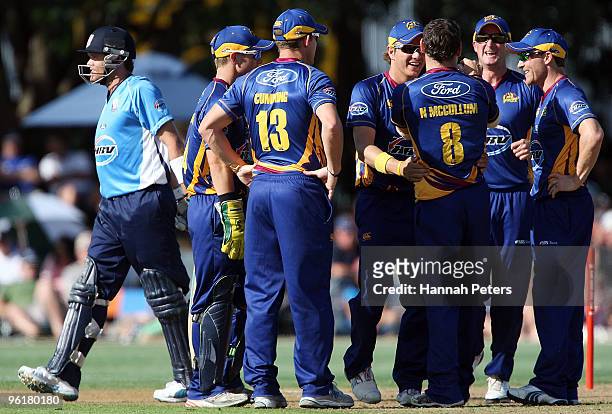 Nathan McCullum of Otago celebrates after bowling Lou Vincent of Auckland during the HRV Cup Twenty20 match between the Auckland Aces and the Otago...
